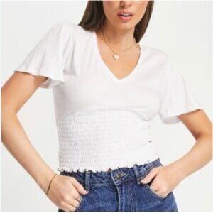 Abercrombie & Fitch White V-Neck Smocked Waist Women Flutter Short Sleeve Top Sm